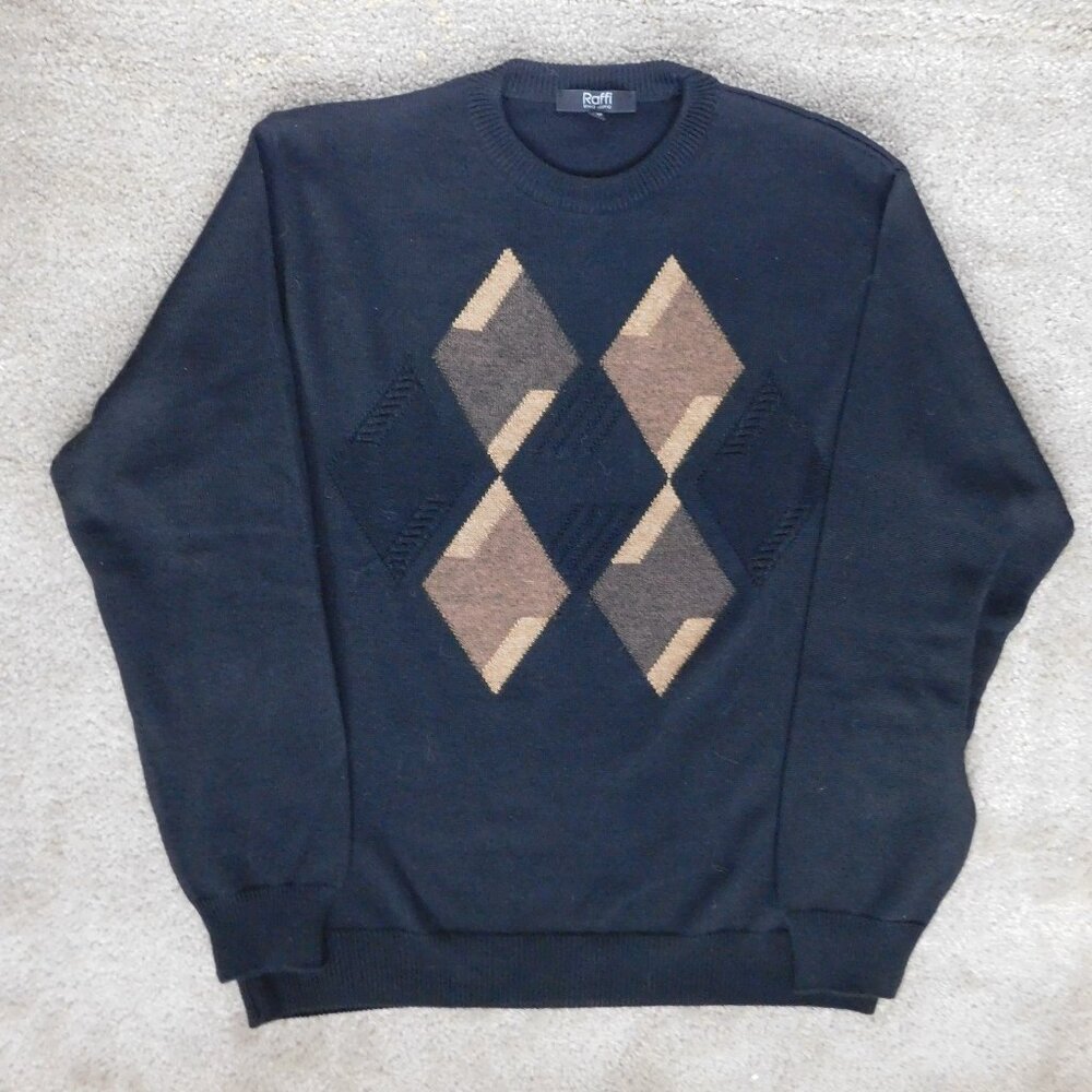 Raffi Black Argyle Diamond Crewneck Wool Blend Sweater Size L  Italy Mens
